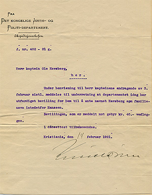 Navneendringsbevilling for kaptein Ole Bornemann Bull Havsberg, fra 1921